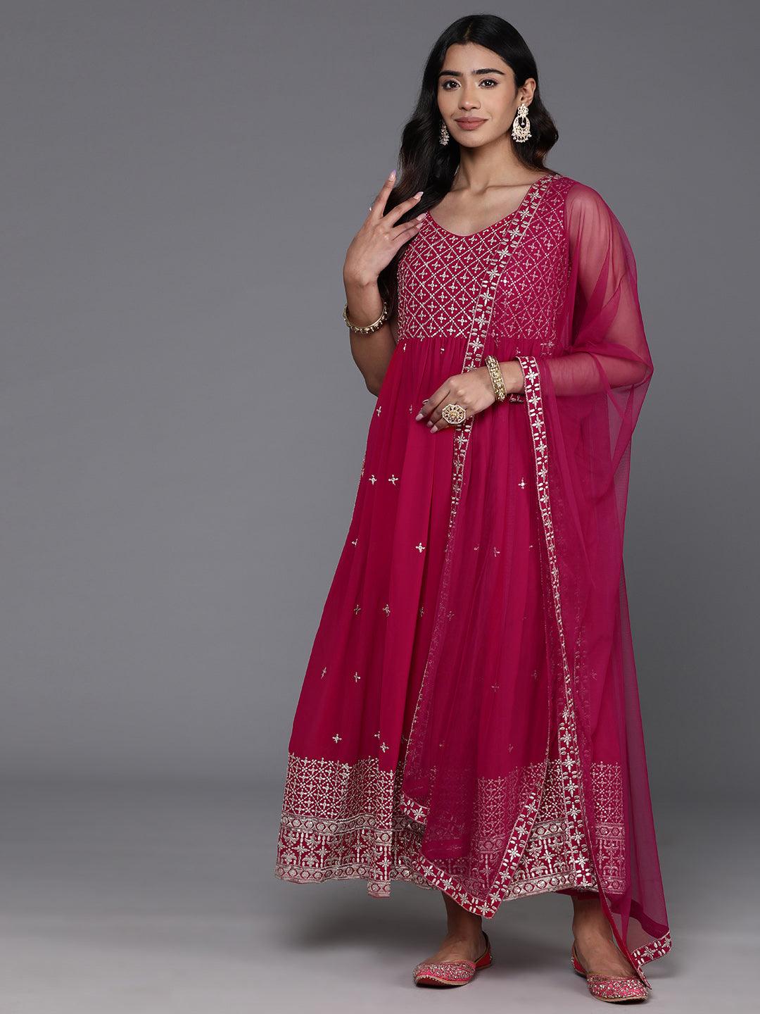 Pink Embroidered Georgette A-Line Kurta With Trousers & Dupatta - Libas