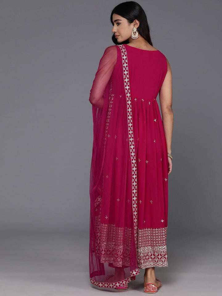 Pink Embroidered Georgette A-Line Kurta With Trousers & Dupatta - Libas