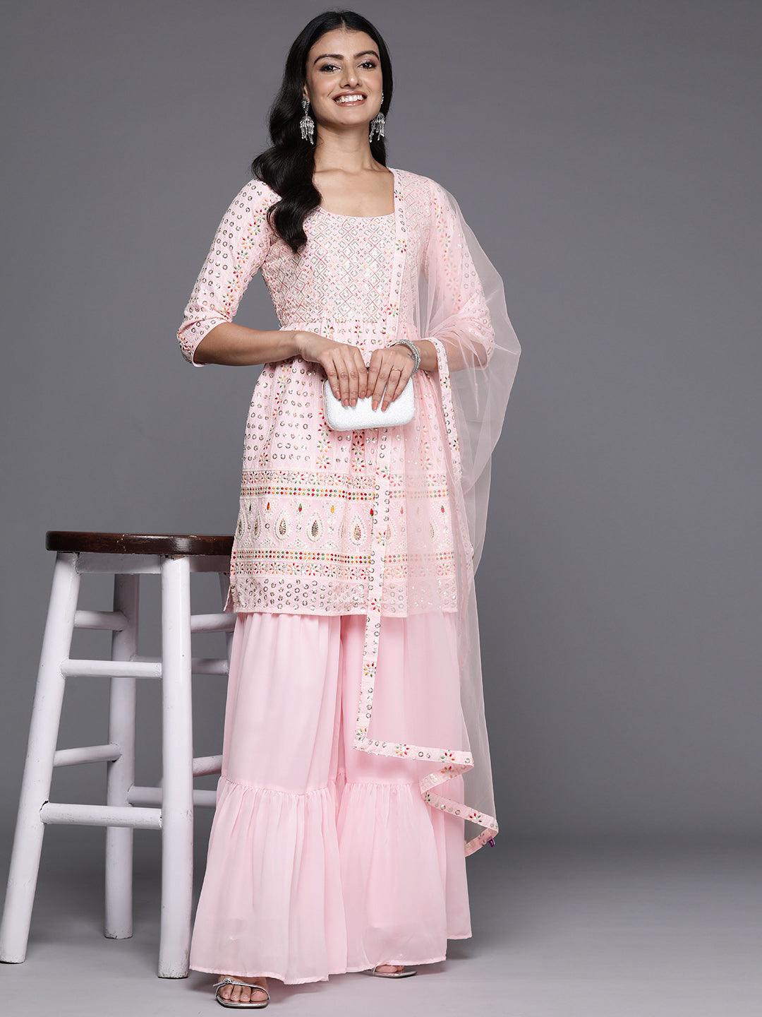 Pink Embroidered Georgette A-Line Kurti With Sharara & Dupatta - Libas