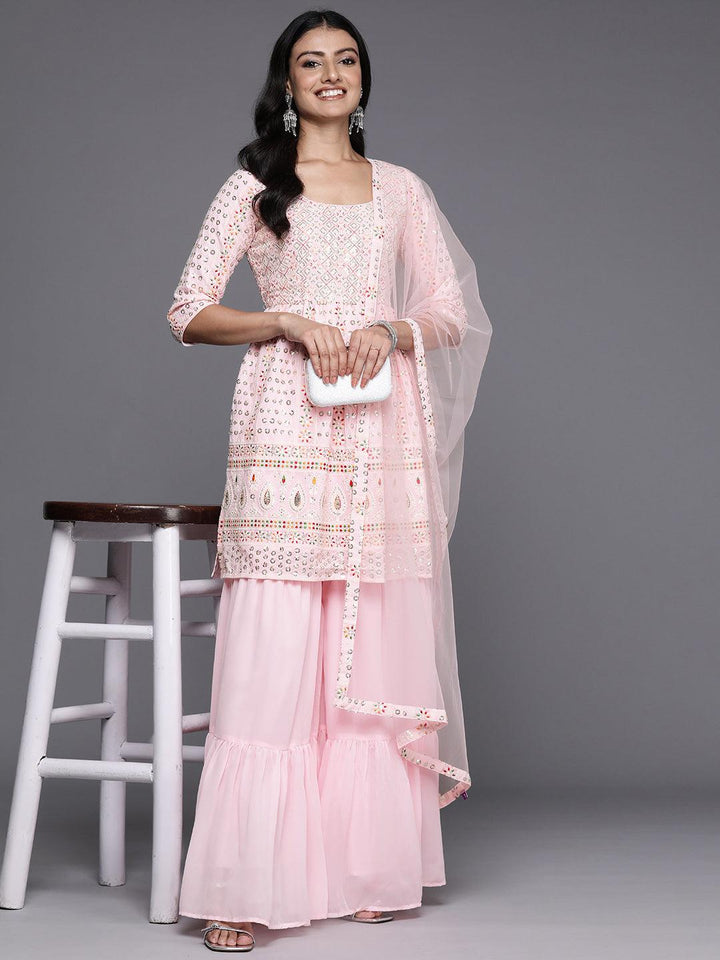 Pink Embroidered Georgette A-Line Kurti With Sharara & Dupatta - Libas