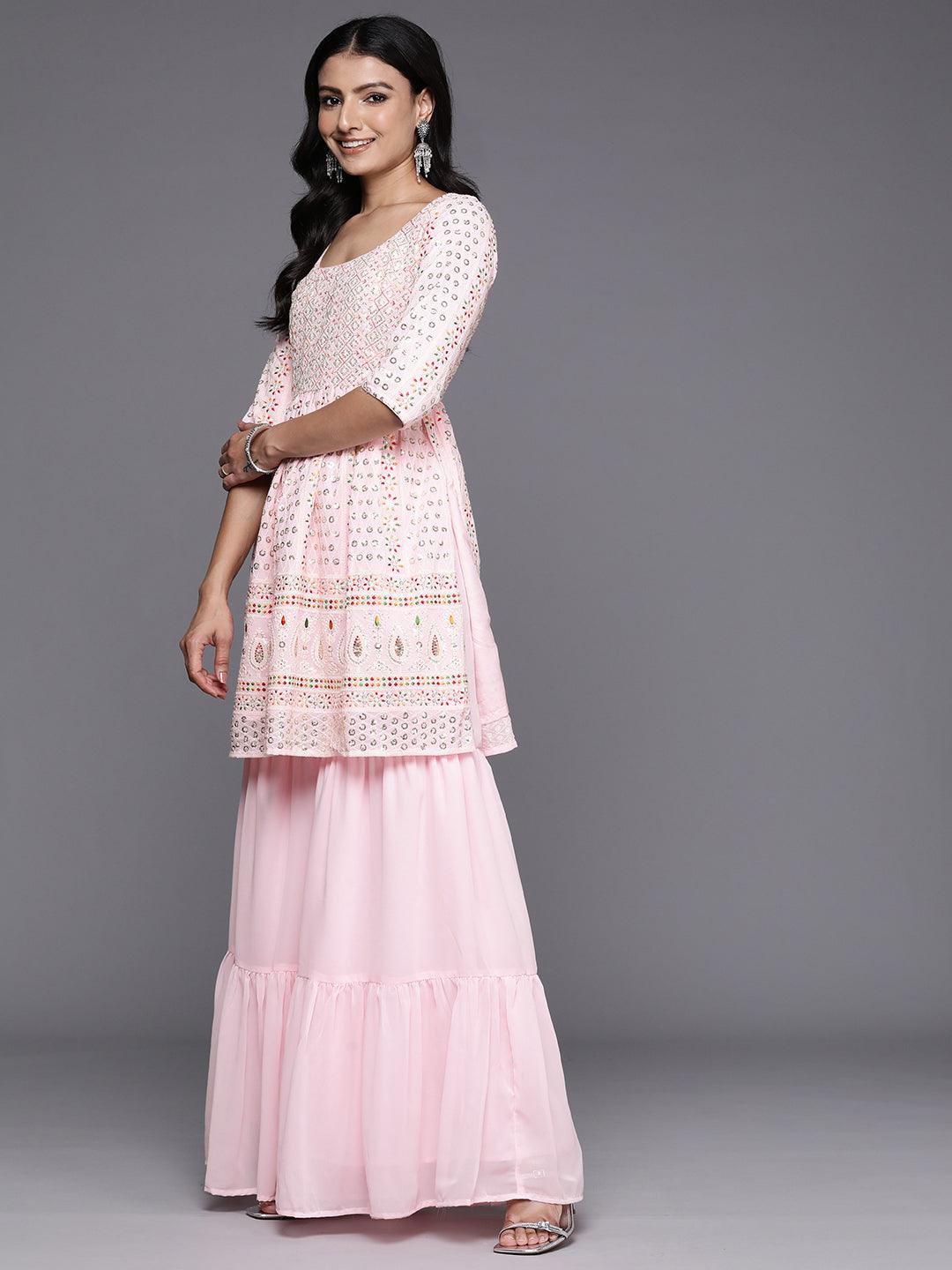 Pink Embroidered Georgette A-Line Kurti With Sharara & Dupatta - Libas