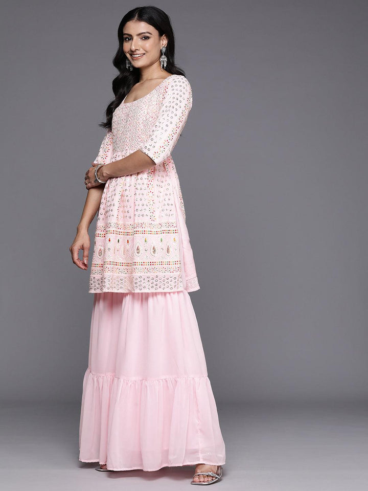 Pink Embroidered Georgette A-Line Kurti With Sharara & Dupatta - Libas