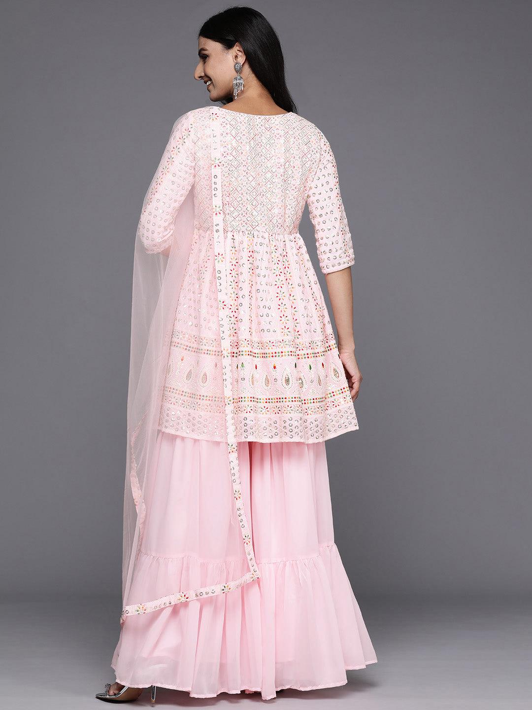 Pink Embroidered Georgette A-Line Kurti With Sharara & Dupatta - Libas