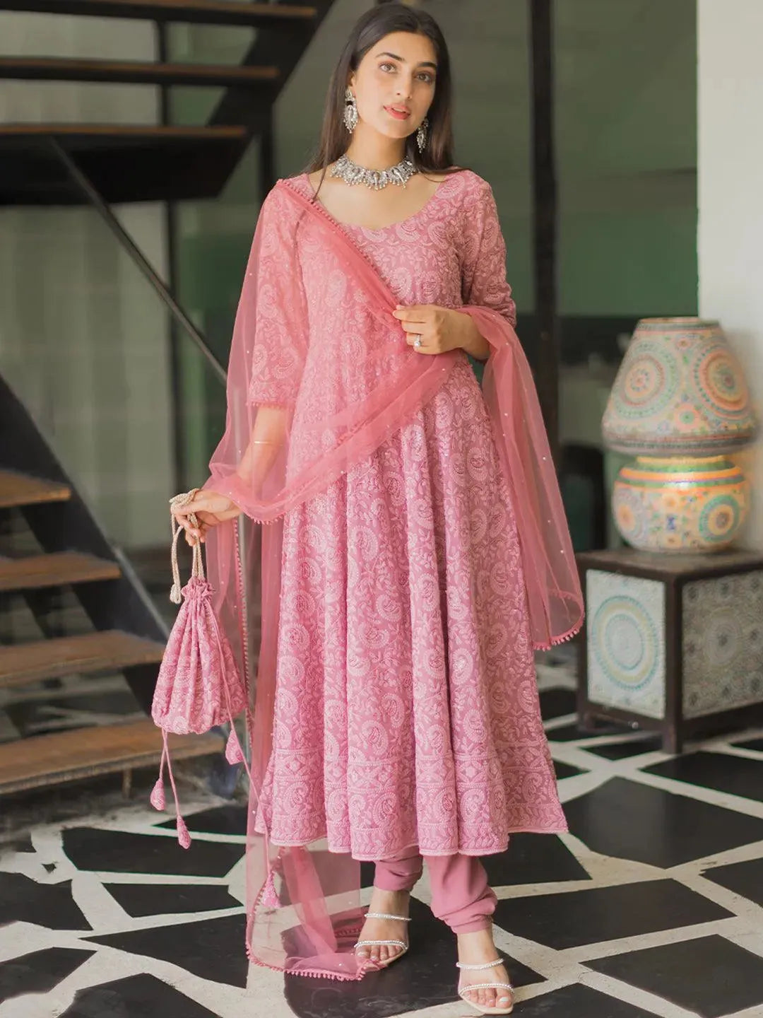 

Pink Embroidered Georgette Anarkali Kurta With Churidar & Dupatta