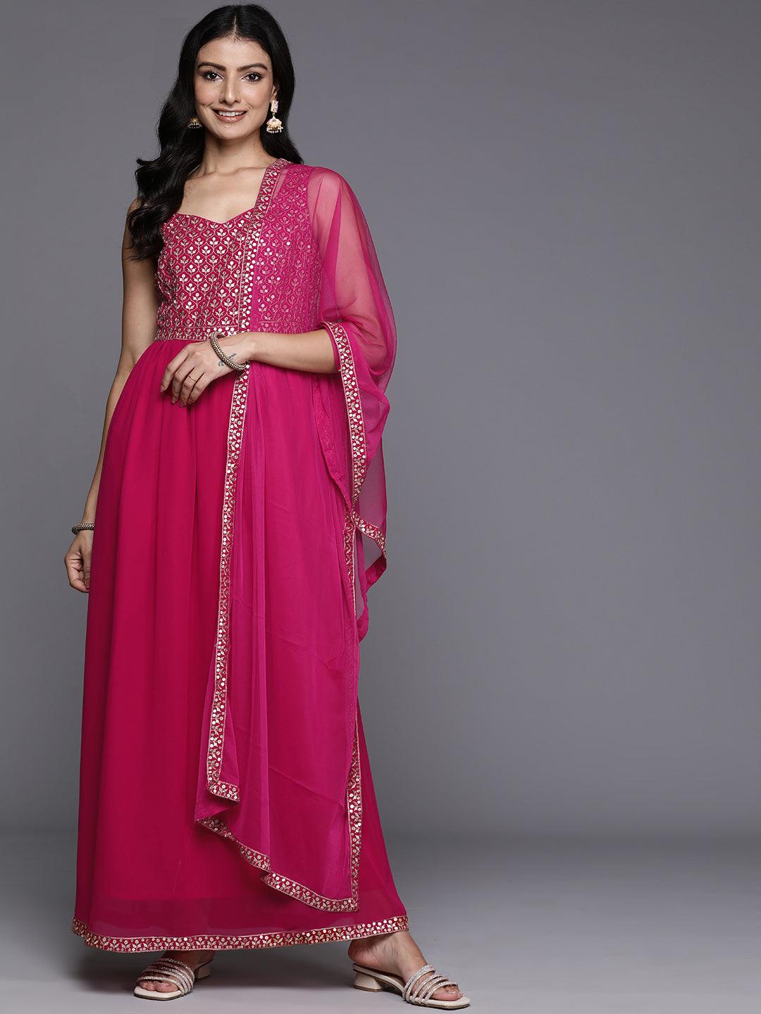 Pink Embroidered Georgette Anarkali Kurta With Trousers & Dupatta - Libas