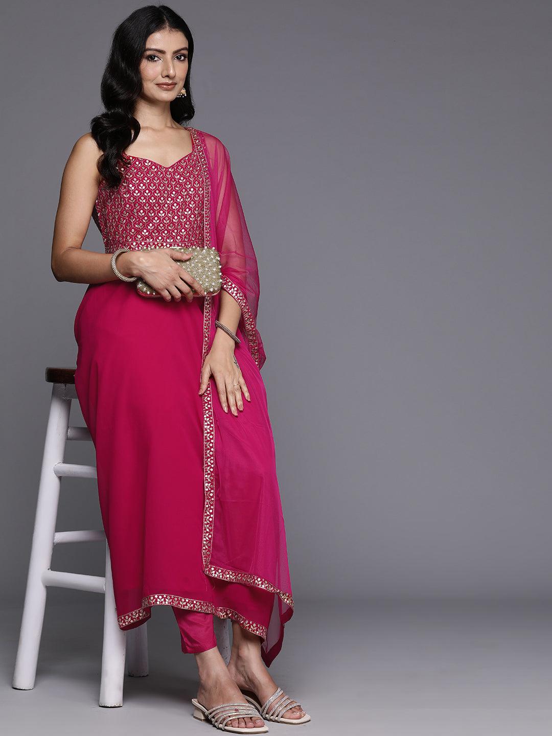 Pink Embroidered Georgette Anarkali Kurta With Trousers & Dupatta - Libas