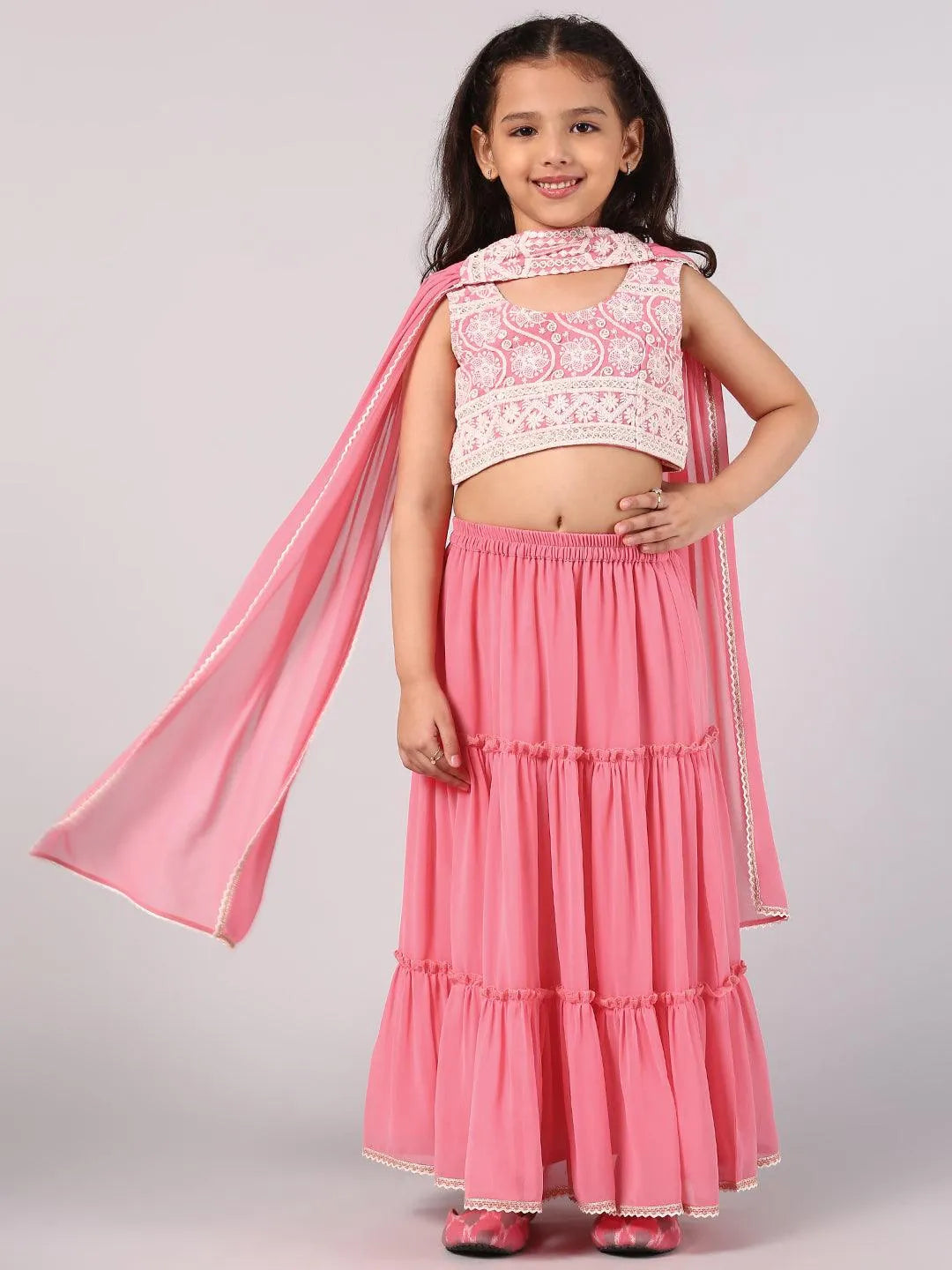 Pink Embroidered Georgette Lehenga Set - Libas 