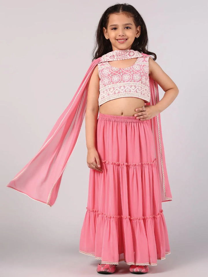 Pink Embroidered Georgette Lehenga Set - Libas