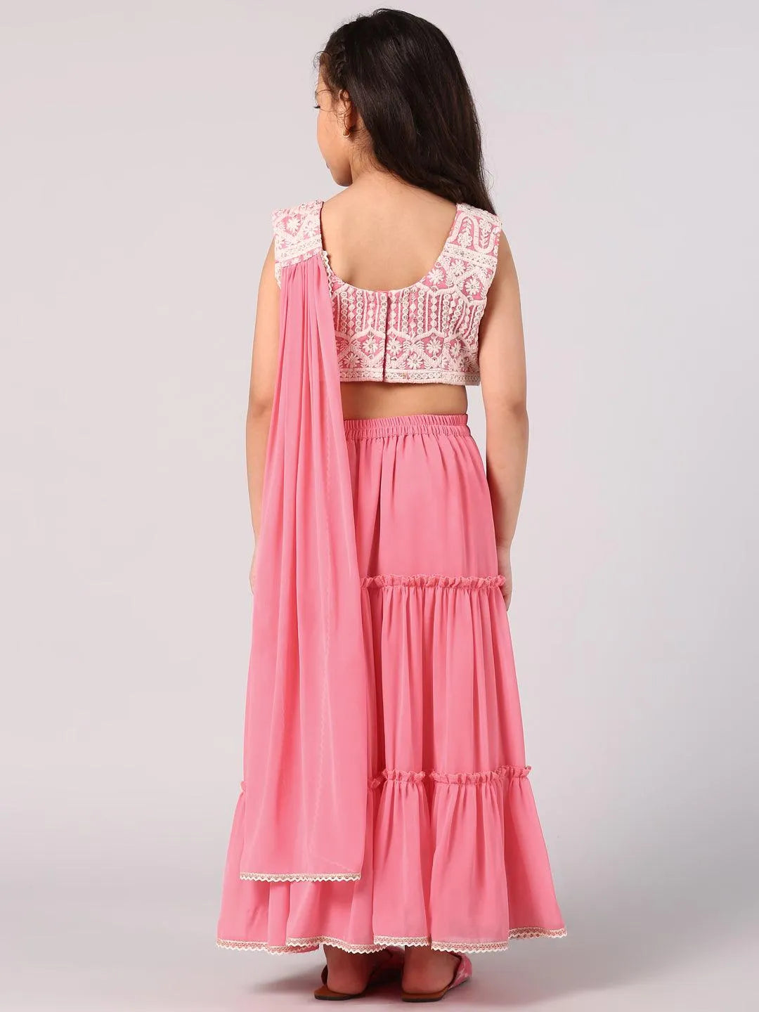 Pink Embroidered Georgette Lehenga Set - Libas