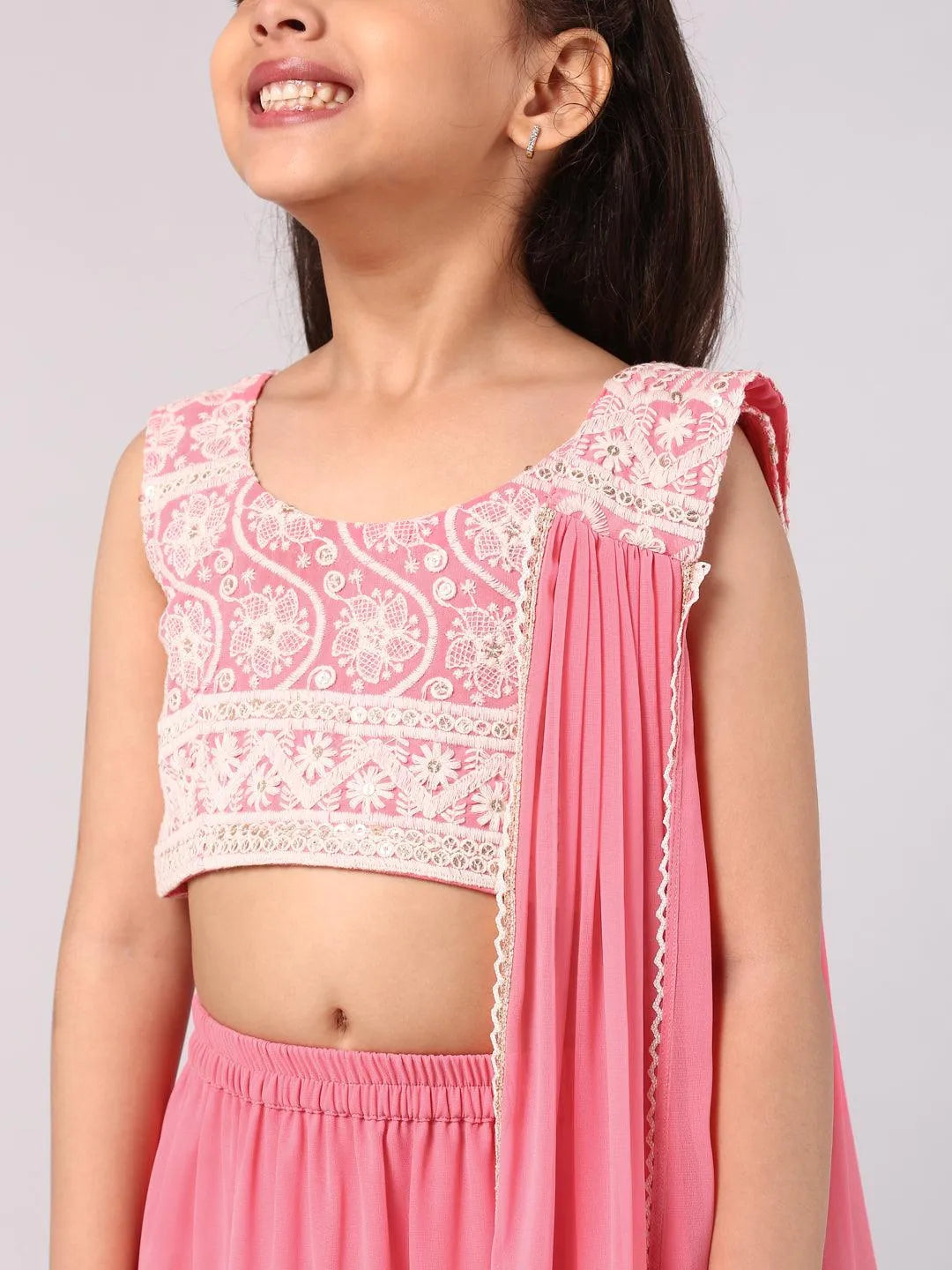 Pink Embroidered Georgette Lehenga Set - Libas 