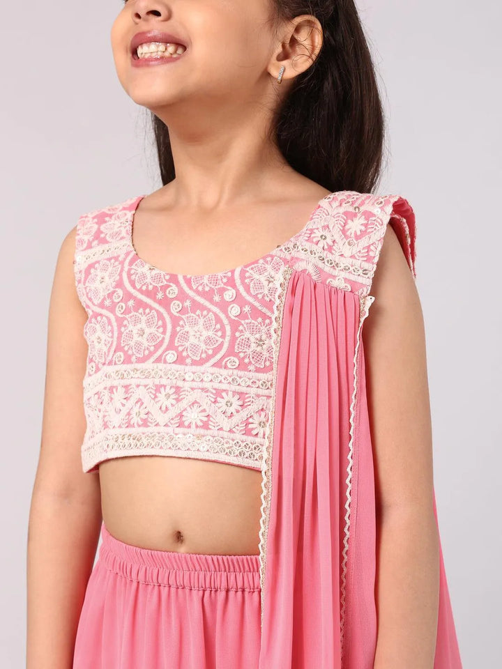 Pink Embroidered Georgette Lehenga Set - Libas