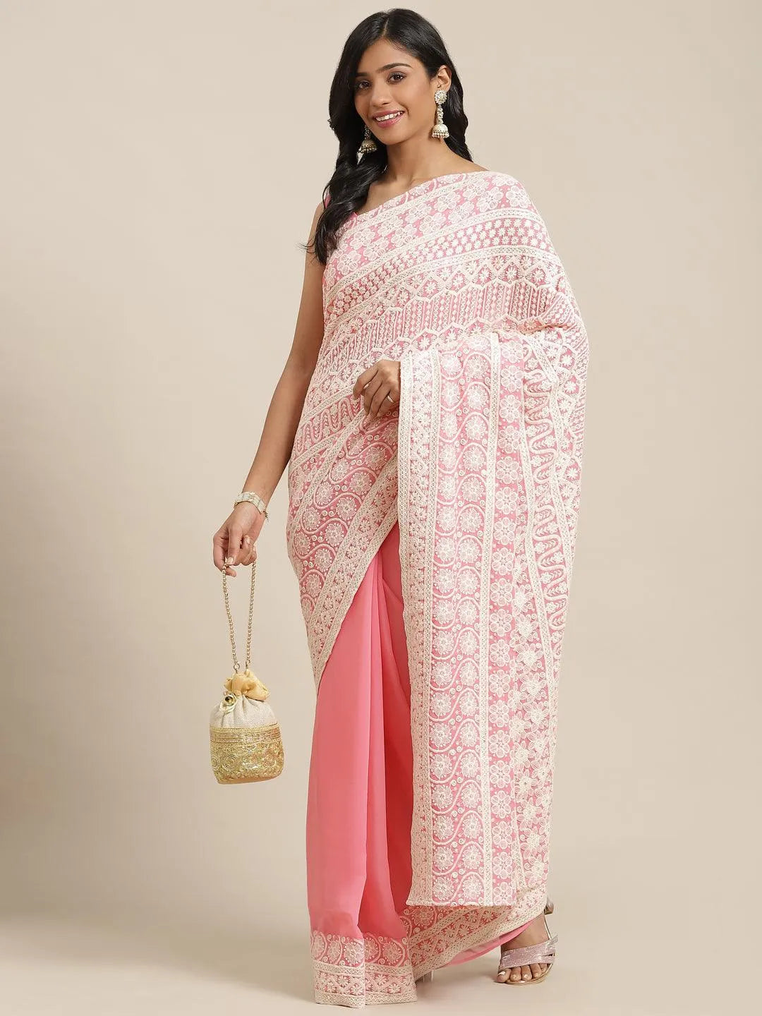 Pink Embroidered Georgette Saree - Libas 