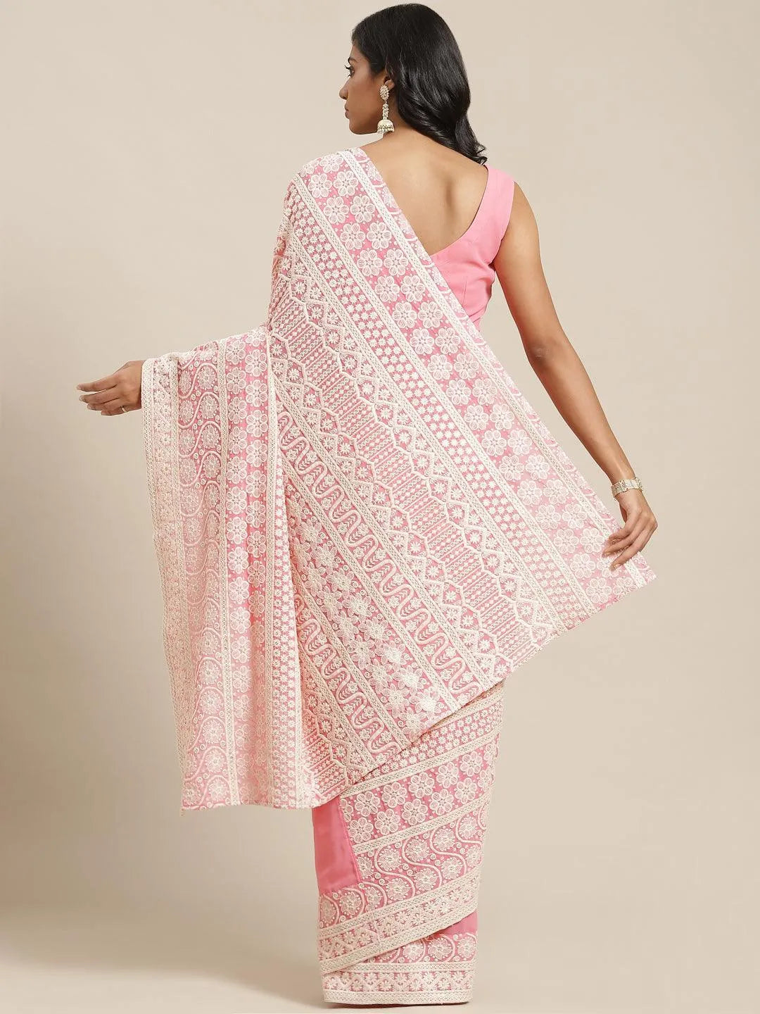 Pink Embroidered Georgette Saree - Libas 