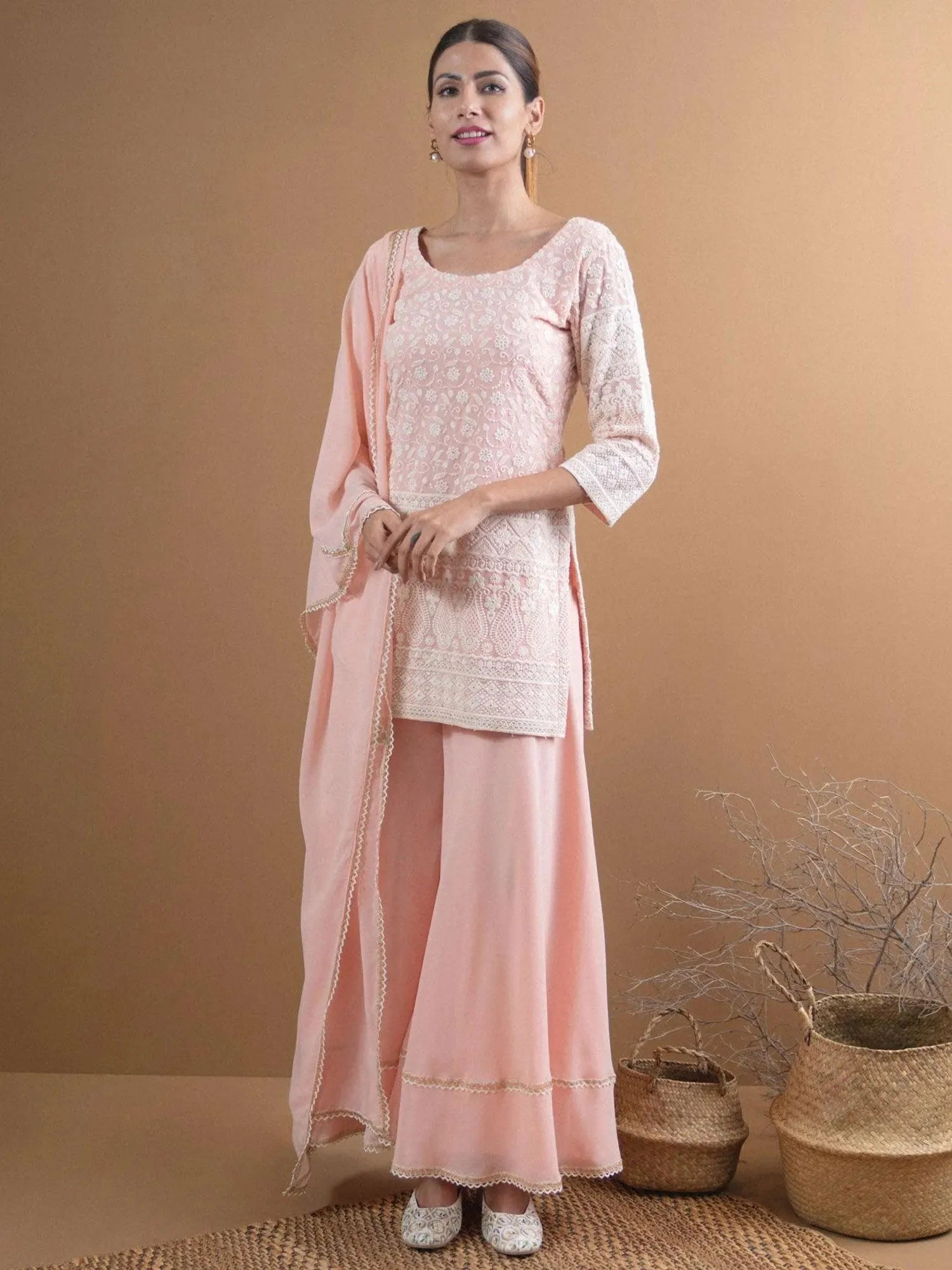 

Pink Embroidered Georgette Straight Kurta With Palazzos & Dupatta