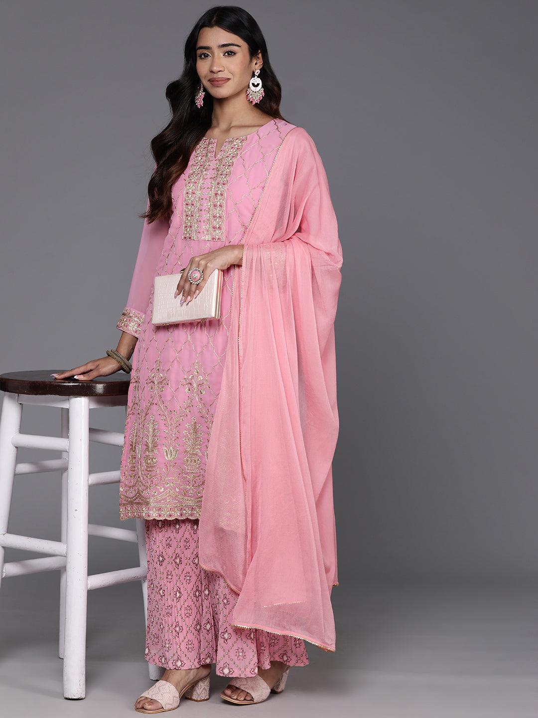 Pink Embroidered Georgette Straight Kurta With Palazzos & Dupatta - Libas 