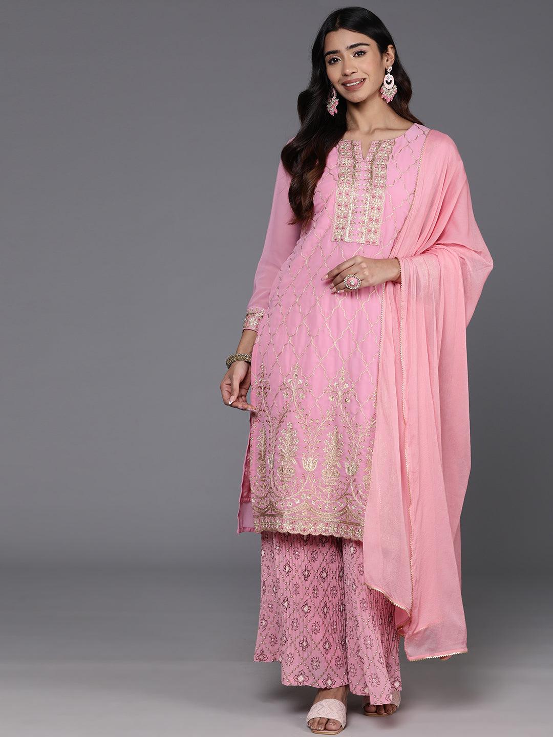 Pink Embroidered Georgette Straight Kurta With Palazzos & Dupatta - Libas 