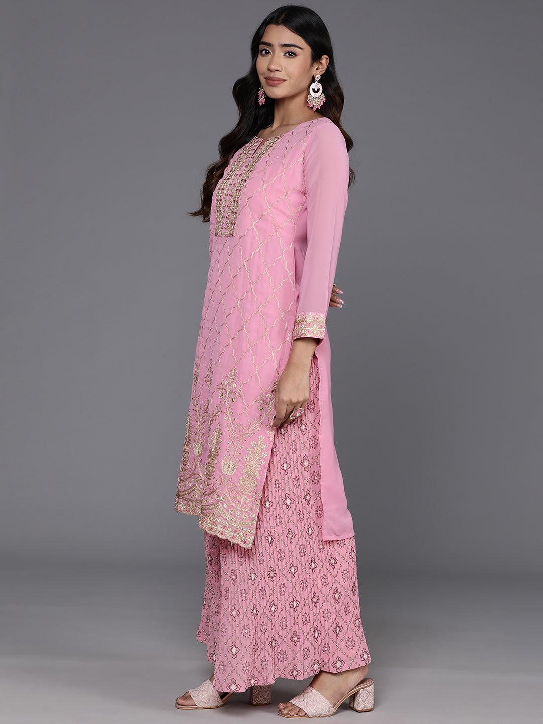 Pink Embroidered Georgette Straight Kurta With Palazzos & Dupatta - Libas 