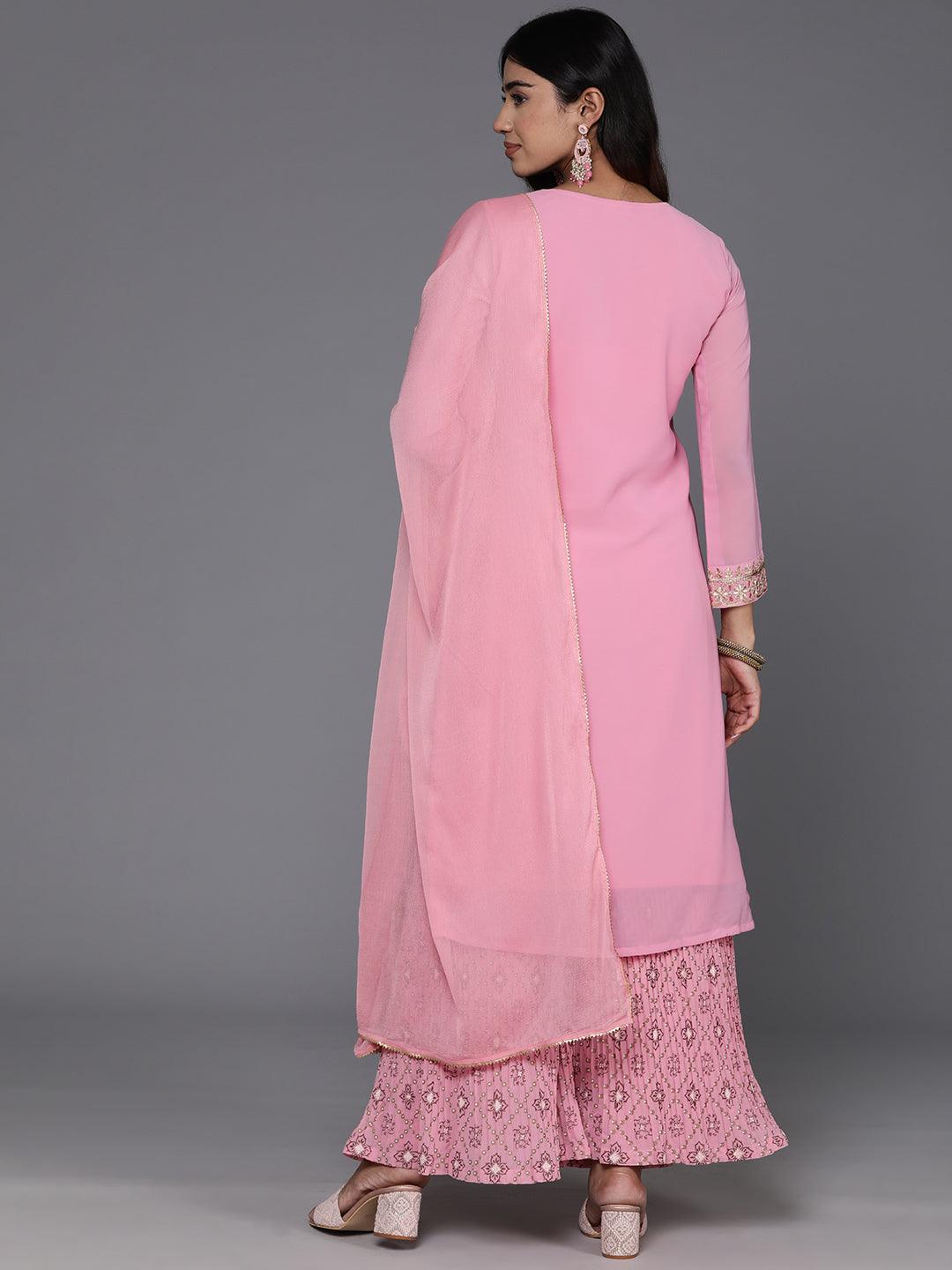 Pink Embroidered Georgette Straight Kurta With Palazzos & Dupatta - Libas 