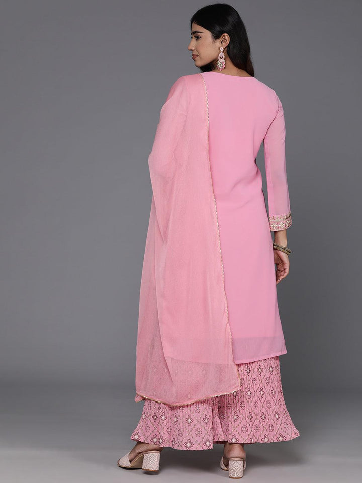 Pink Embroidered Georgette Straight Kurta With Palazzos & Dupatta - Libas