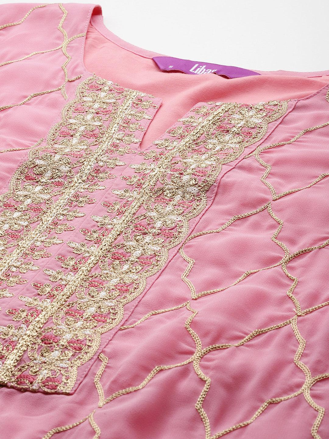 Pink Embroidered Georgette Straight Kurta With Palazzos & Dupatta - Libas