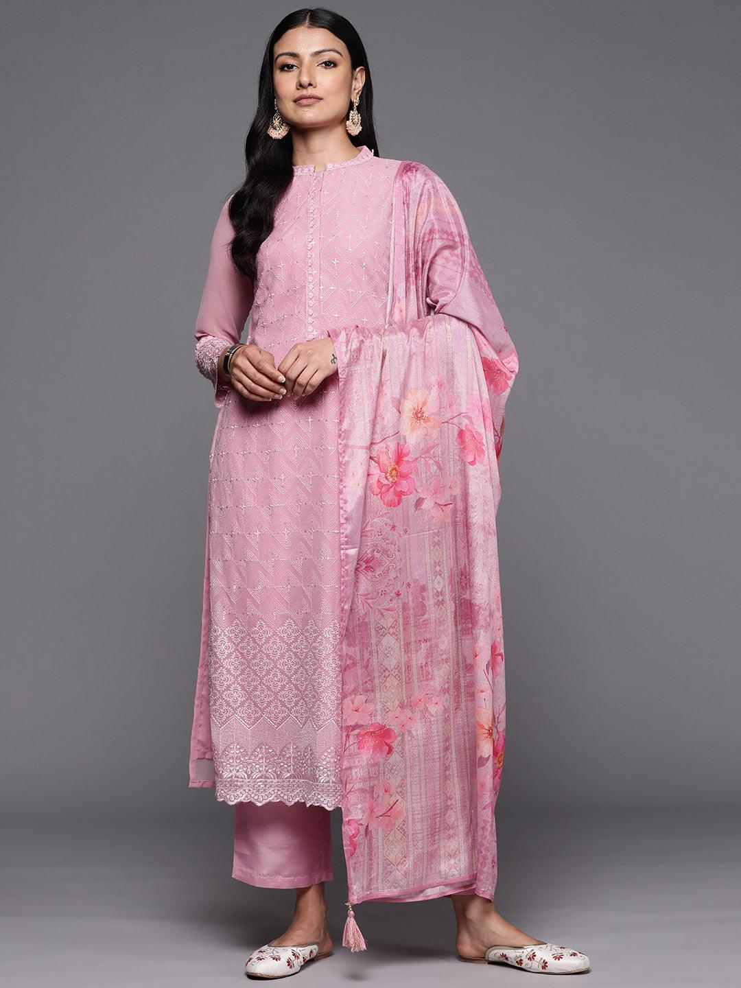 Pink Embroidered Georgette Straight Kurta With Trousers & Dupatta