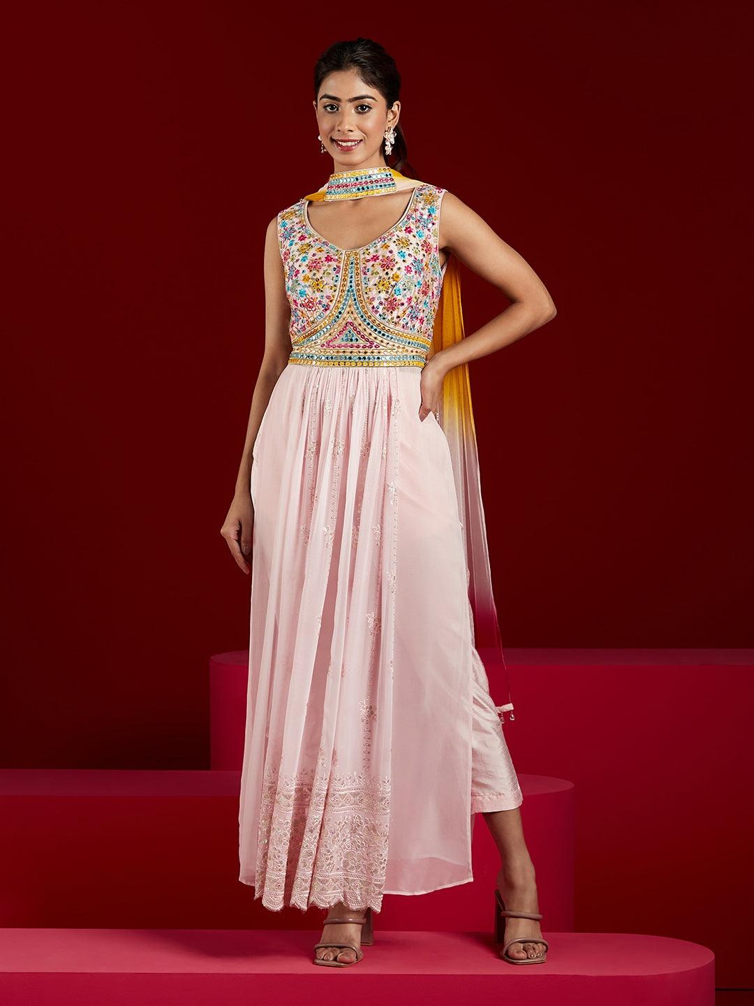 Pink Embroidered Georgette Straight Kurta With Trousers & Dupatta - Libas