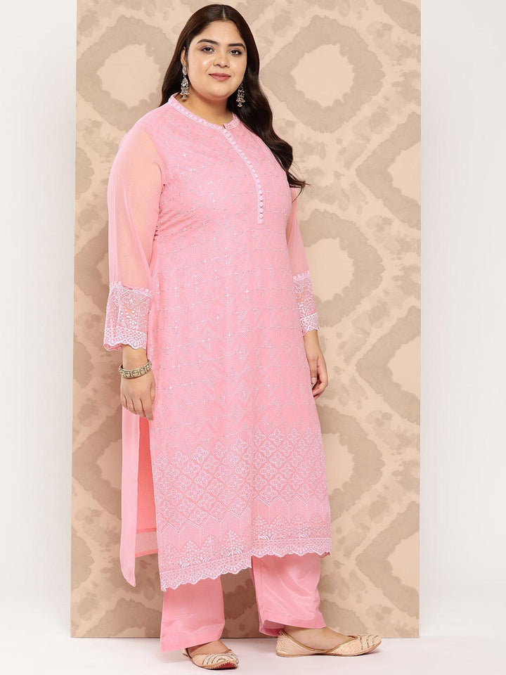 Pink Embroidered Georgette Straight Kurta With Trousers and Dupatta - Libas