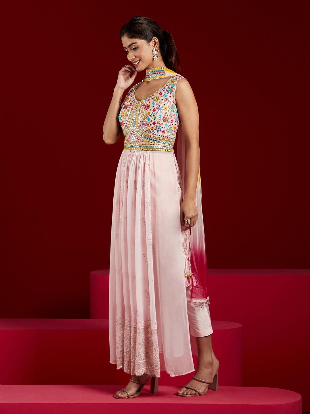 Pink Embroidered Georgette Straight Kurta With Trousers & Dupatta - Libas 