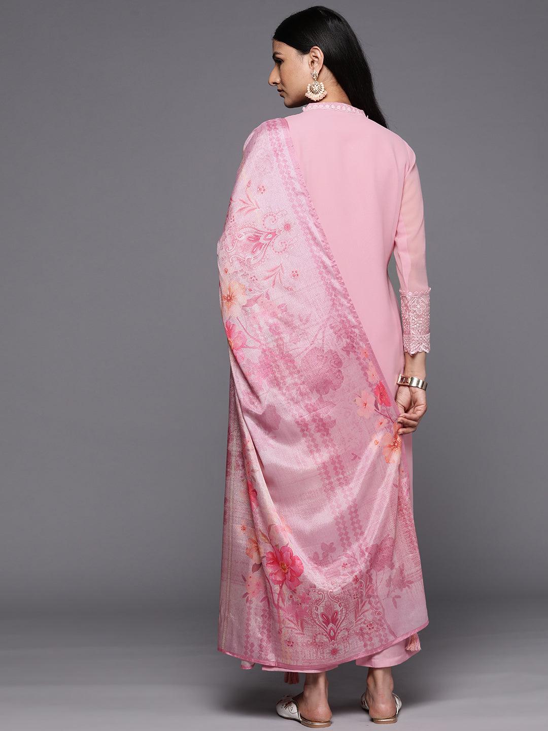 Pink Embroidered Georgette Straight Kurta With Trousers & Dupatta
