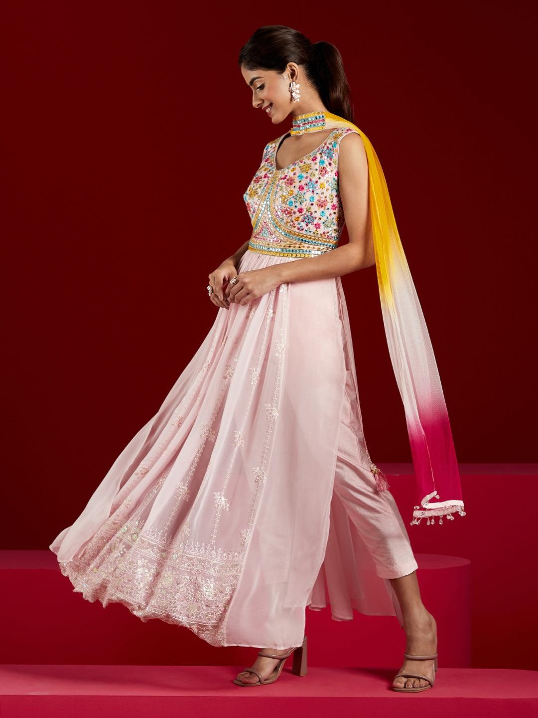 Pink Embroidered Georgette Straight Kurta With Trousers & Dupatta - Libas 