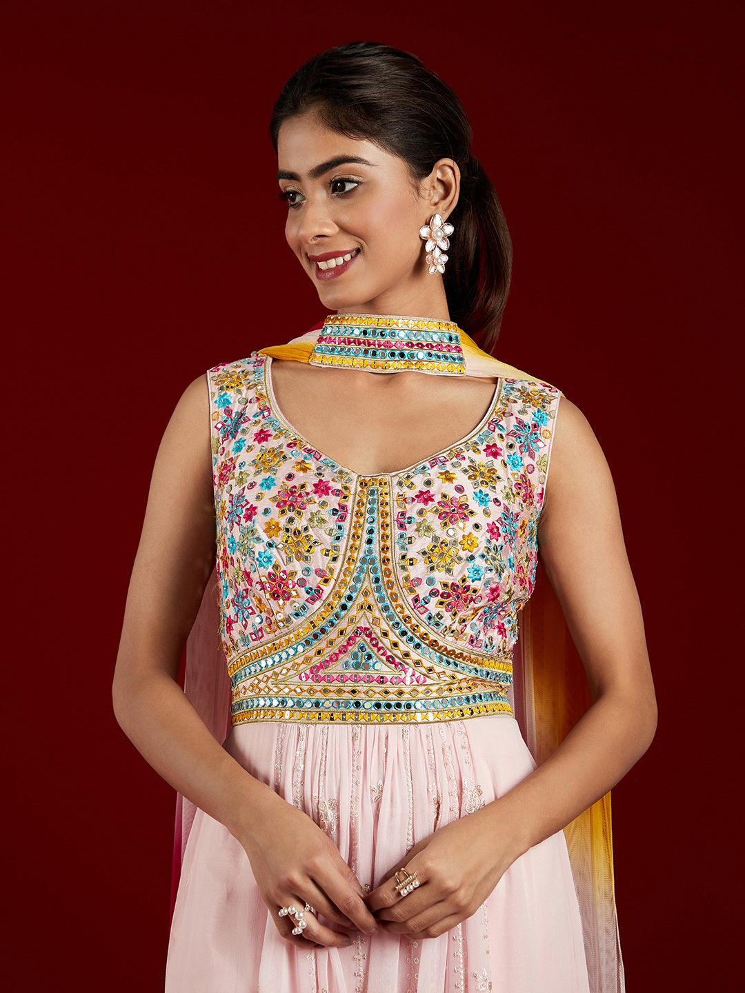 Pink Embroidered Georgette Straight Kurta With Trousers & Dupatta - Libas 