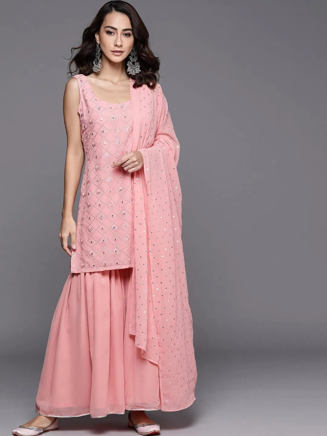 Pink Embroidered Georgette Straight Sharara Suit Set With Dupatta - Libas 