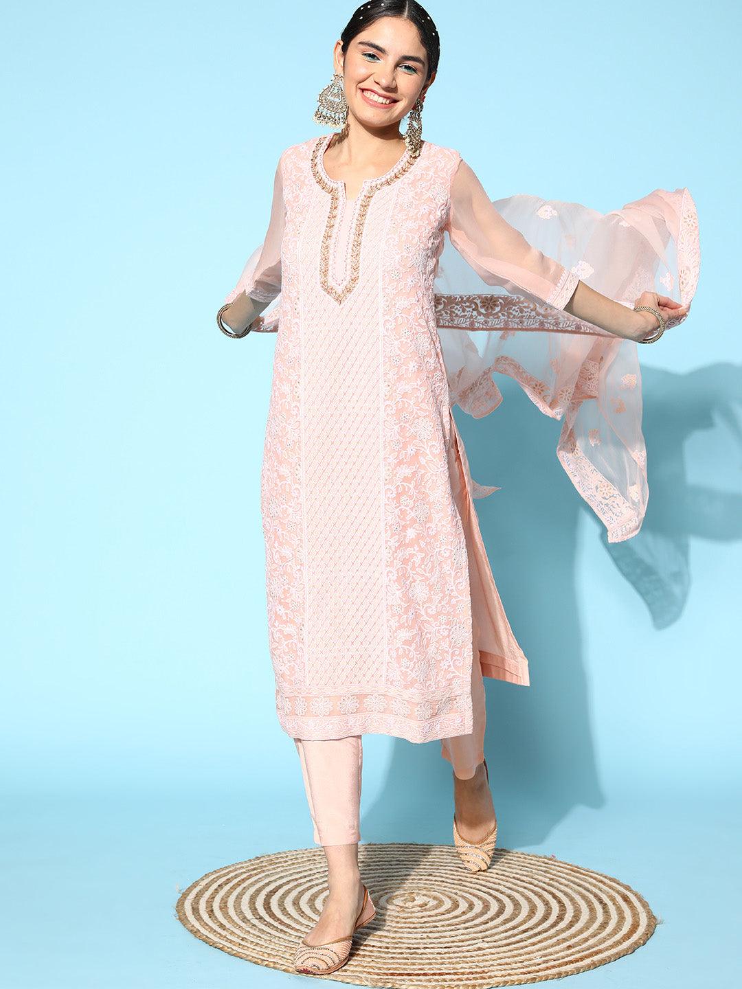 Pink Embroidered Georgette Straight Suit Set With Trousers