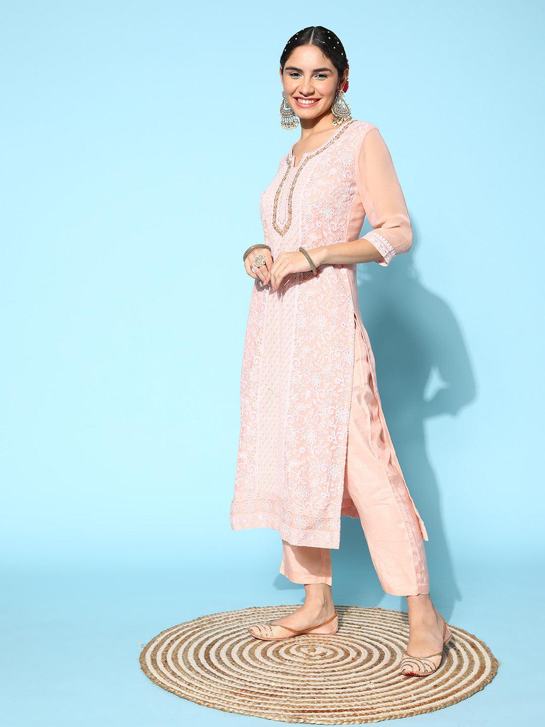 Pink Embroidered Georgette Straight Suit Set With Trousers