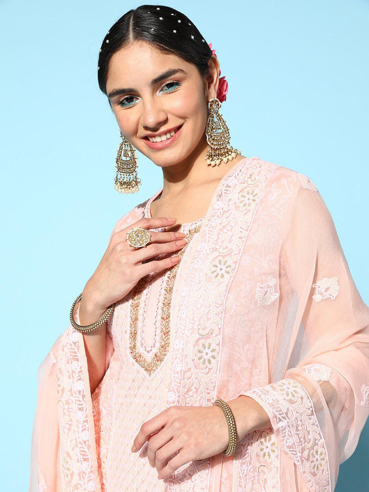 Pink Embroidered Georgette Straight Suit Set With Trousers - Libas
