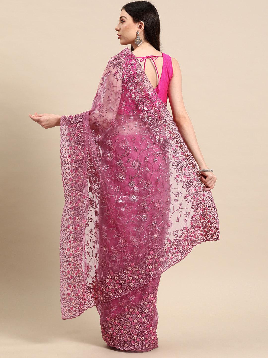 Pink Embroidered Net Saree - Libas