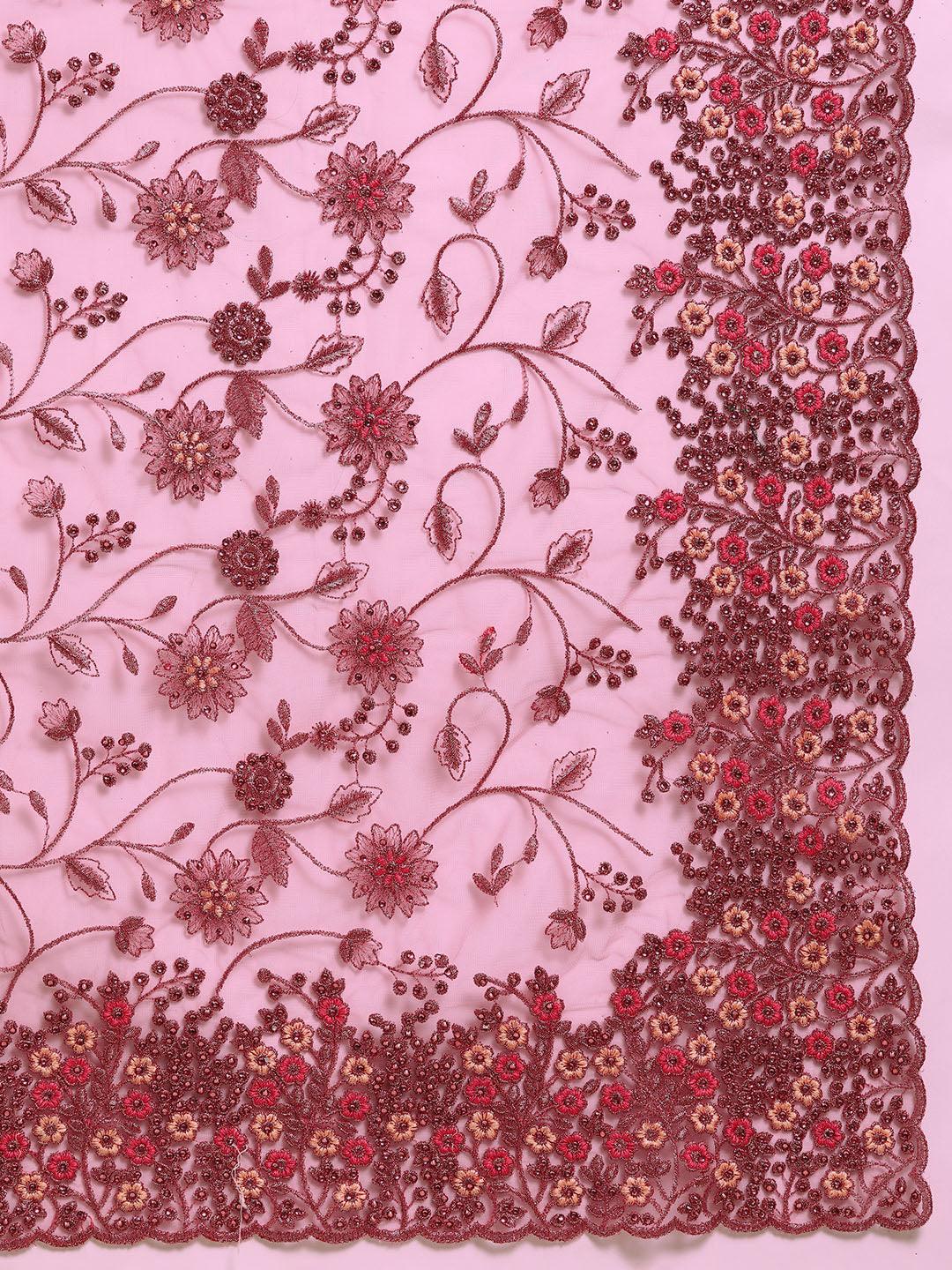 Pink Embroidered Net Saree - Libas 