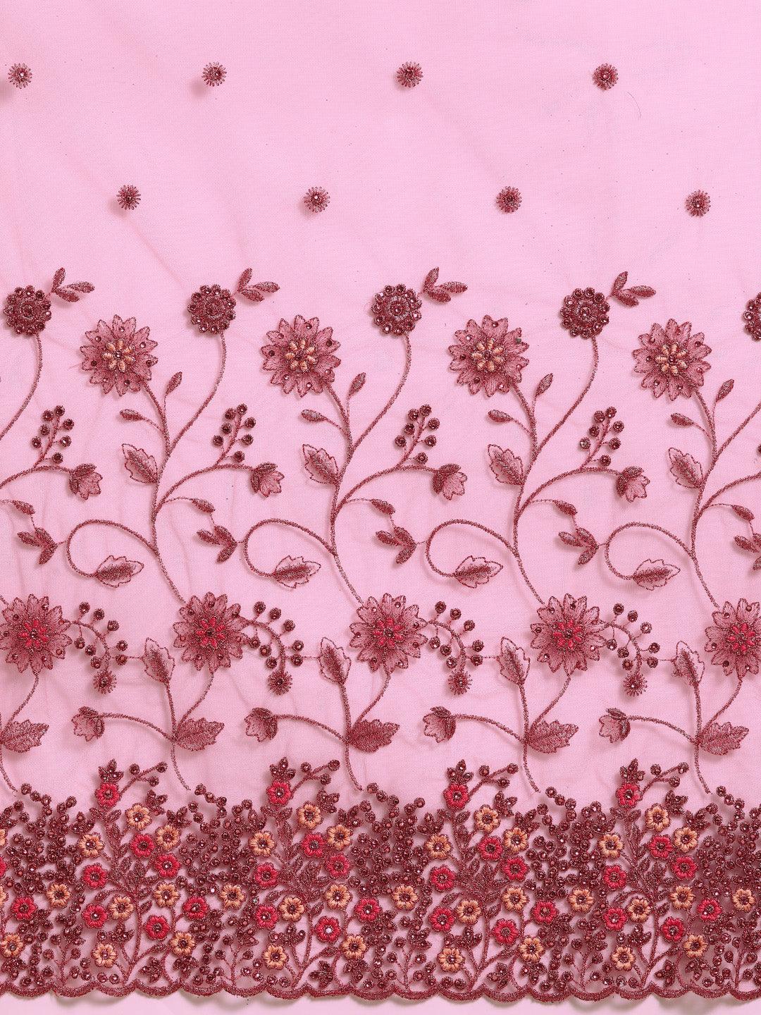 Pink Embroidered Net Saree - Libas 