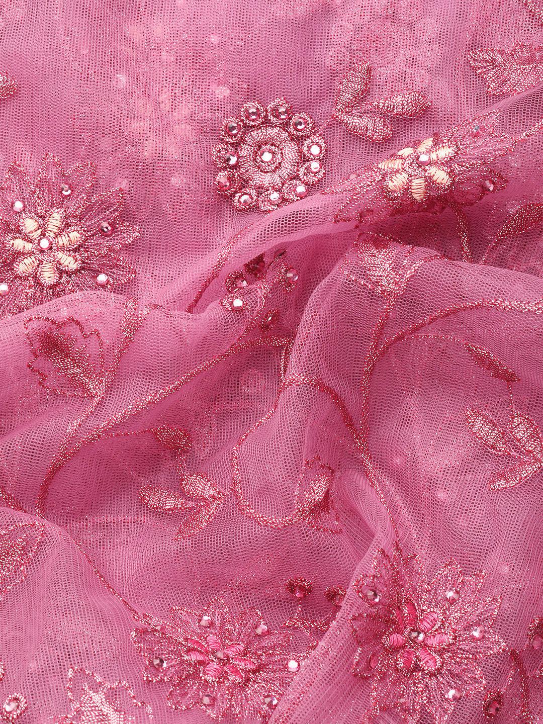 Pink Embroidered Net Saree - Libas 