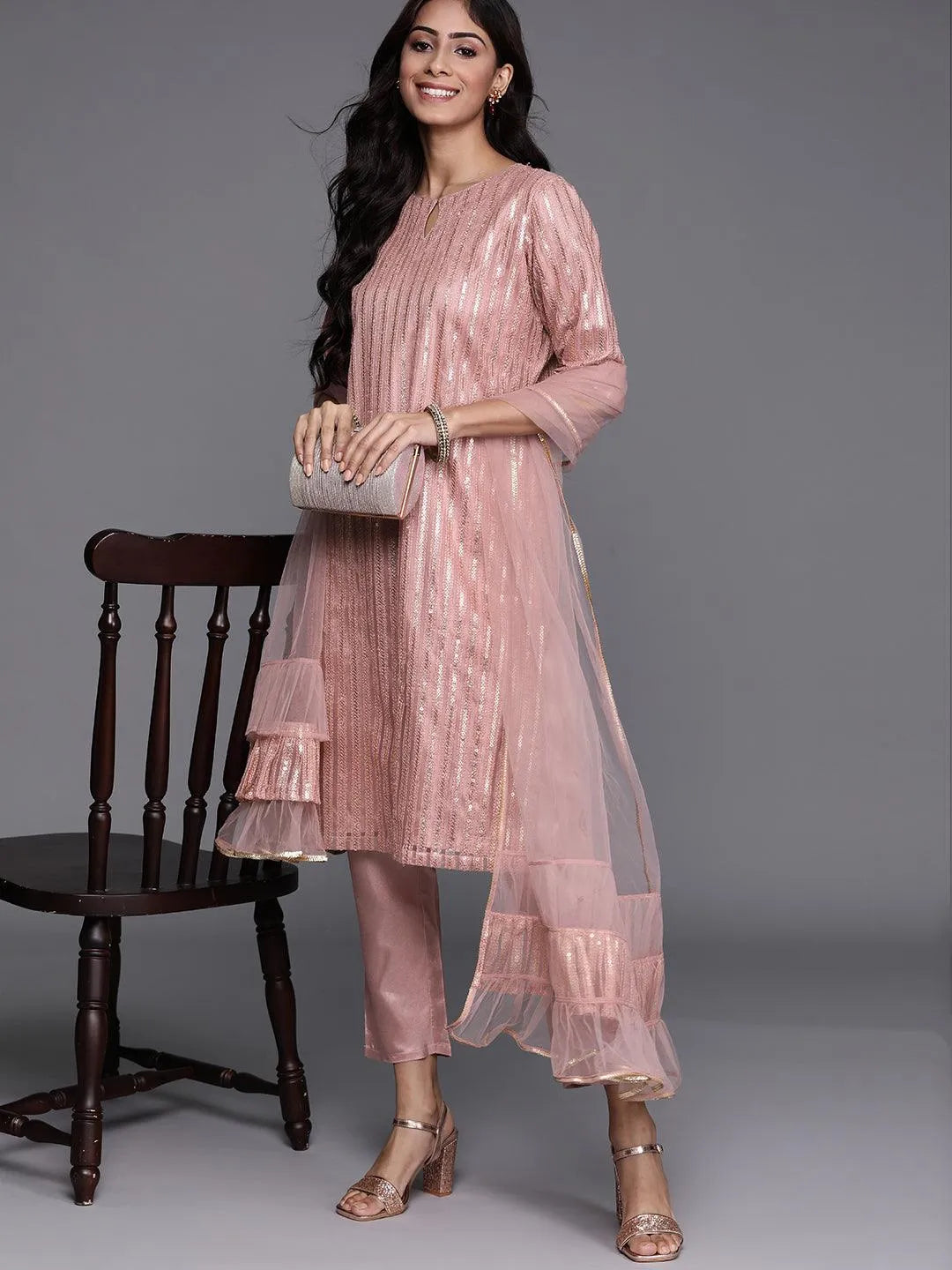 Pink Embroidered Net Suit Set - Libas