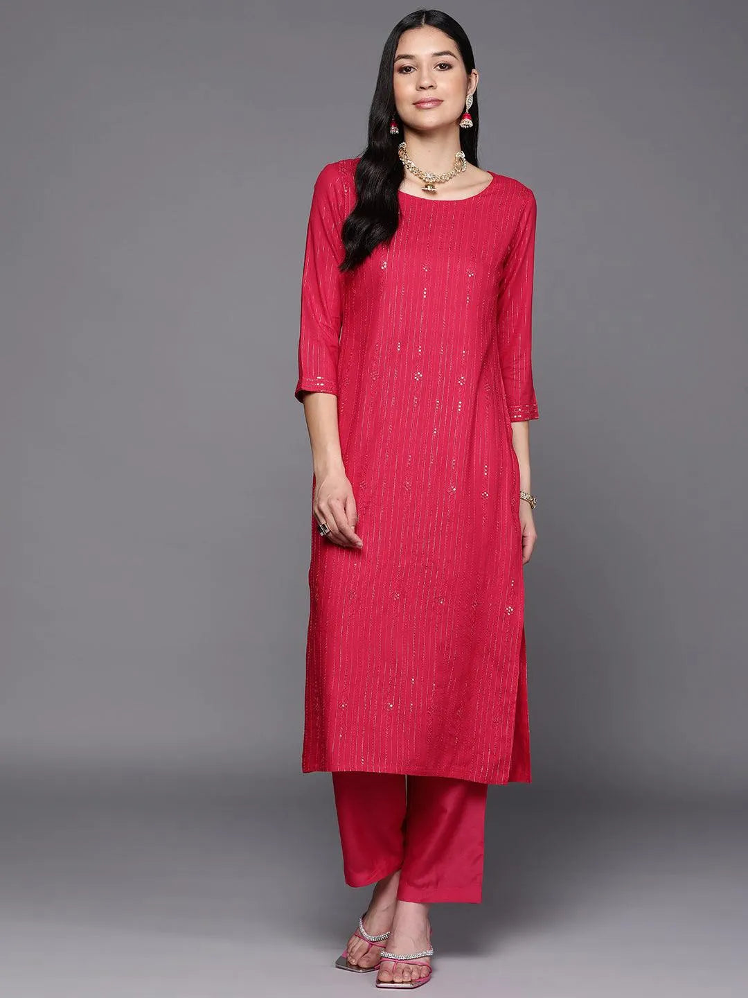 Pink Embroidered Rayon Straight Kurta - Libas