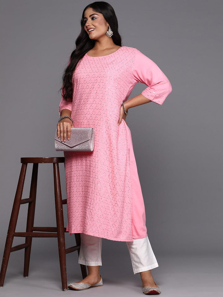 Pink Embroidered Rayon Straight Kurta - Libas