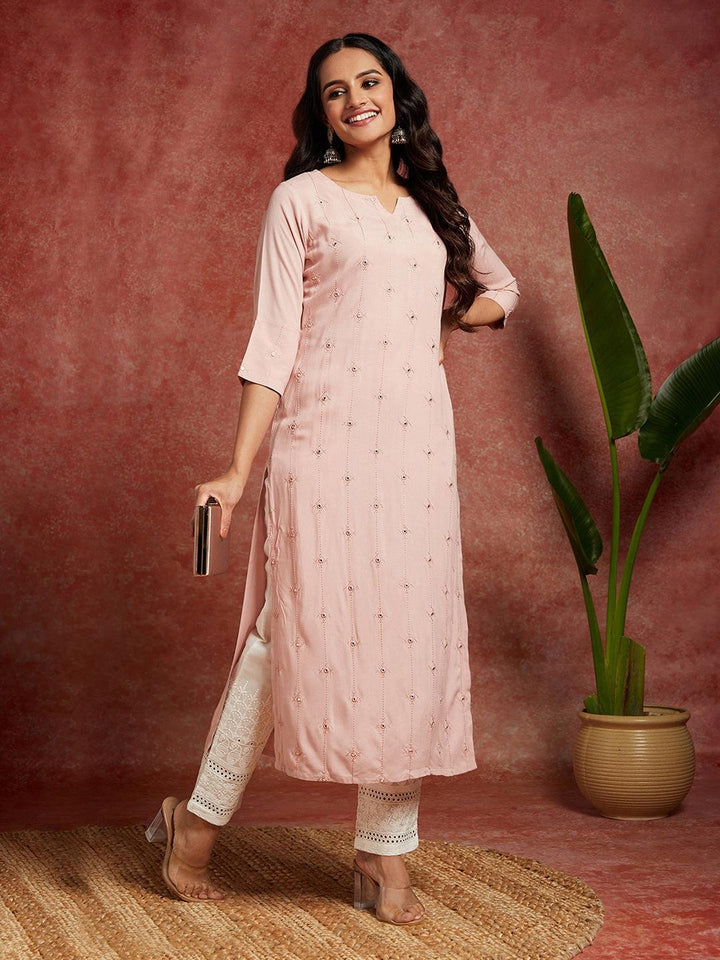 Pink Embroidered Rayon Straight Kurta - Libas