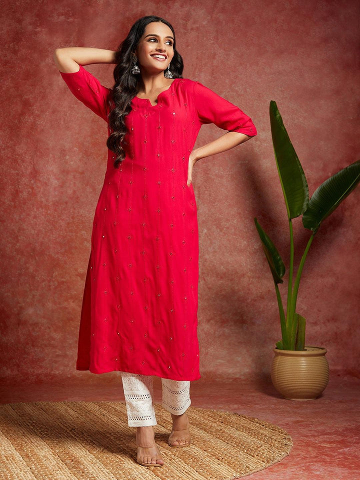 Pink Embroidered Rayon Straight Kurta - Libas