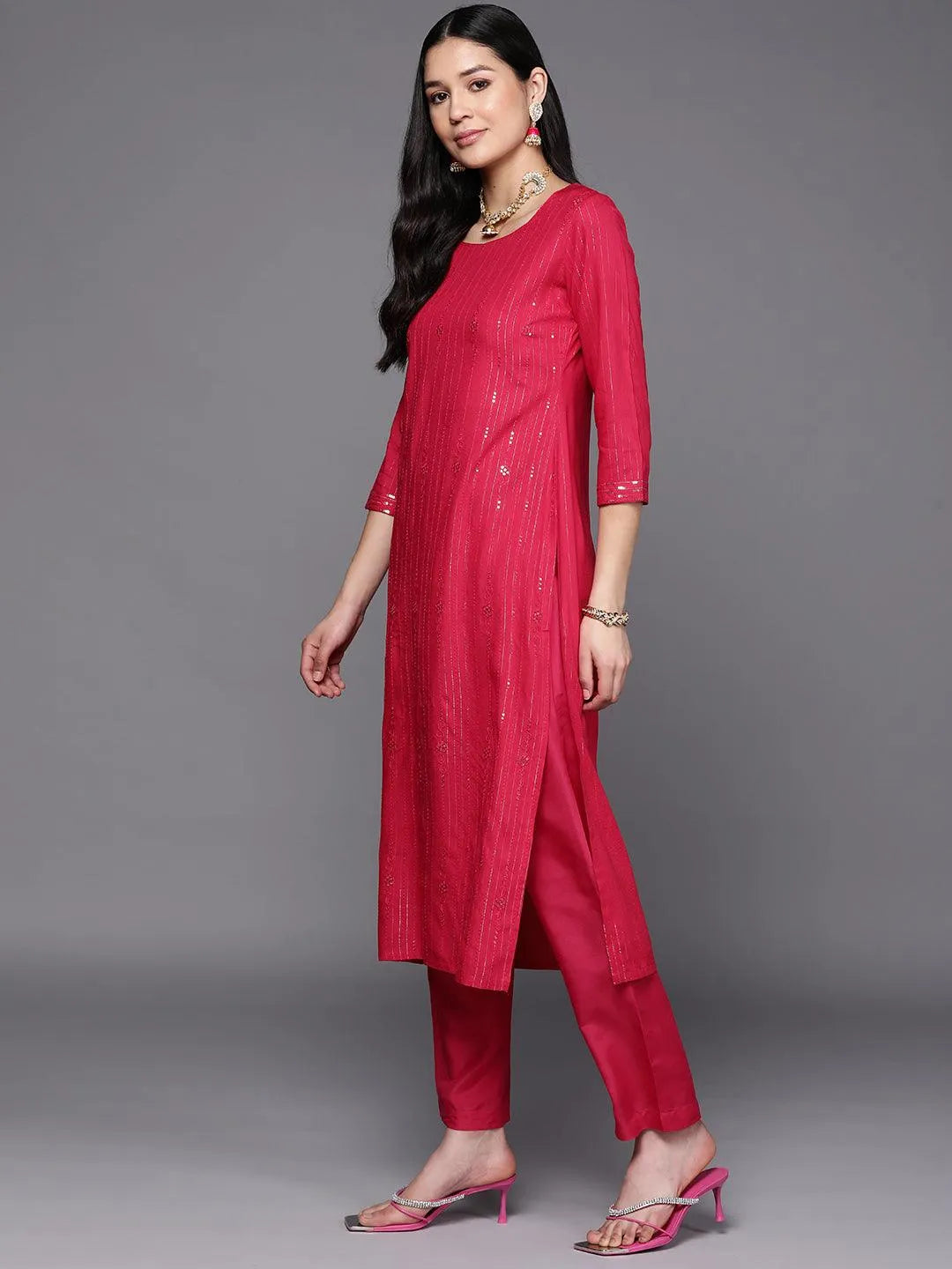 Pink Embroidered Rayon Straight Kurta - Libas 