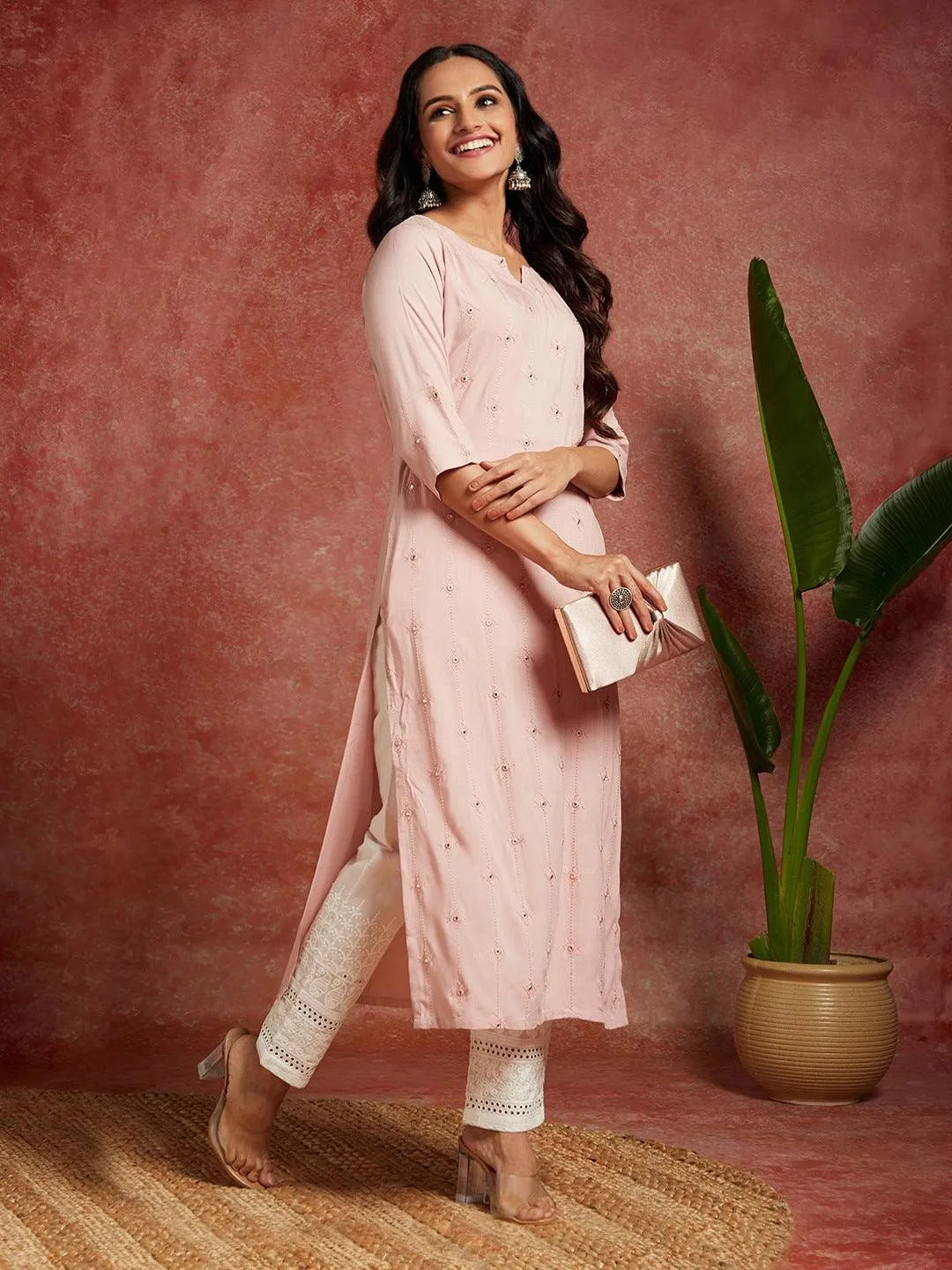 Pink Embroidered Rayon Straight Kurta - Libas