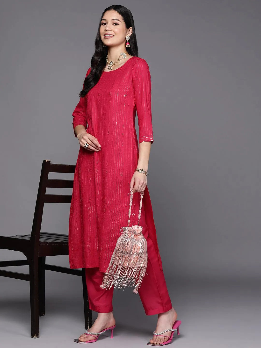 Pink Embroidered Rayon Straight Kurta - Libas 