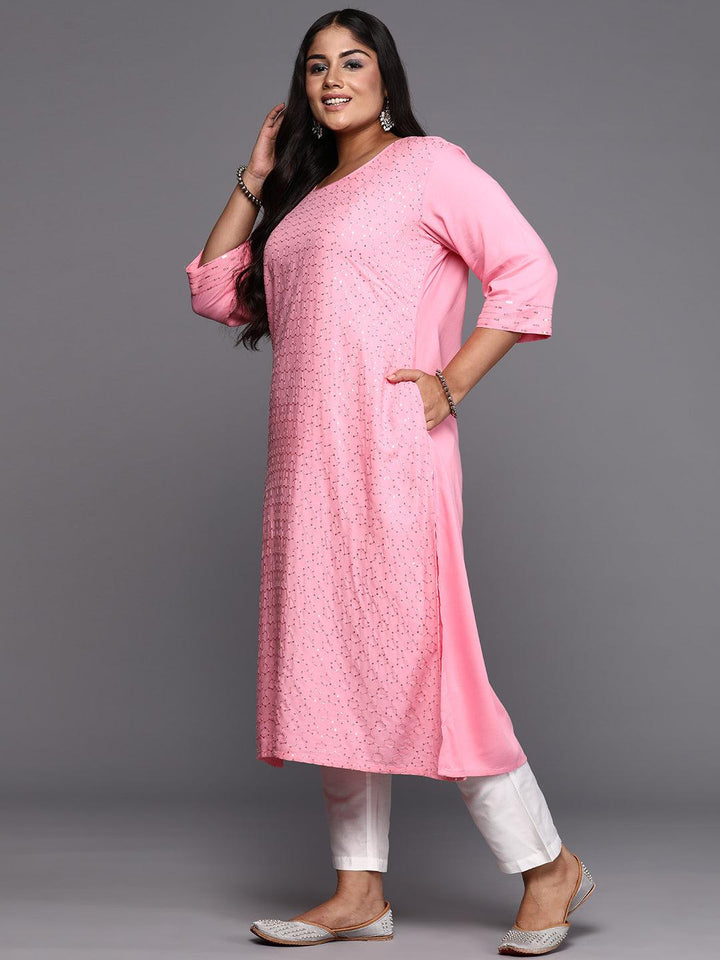 Pink Embroidered Rayon Straight Kurta - Libas