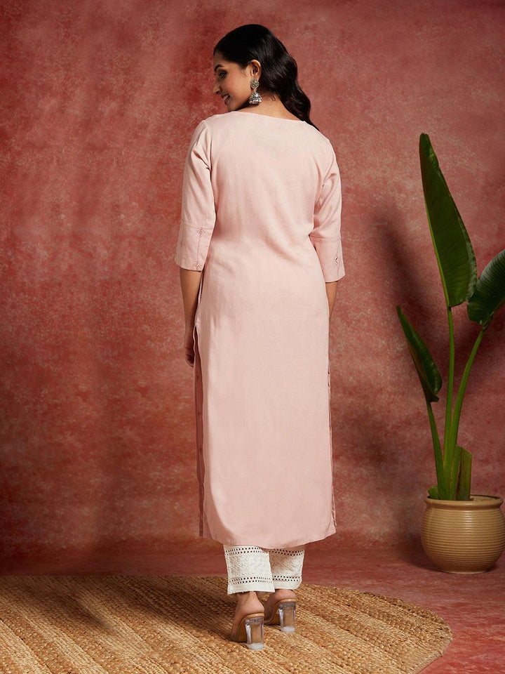 Pink Embroidered Rayon Straight Kurta - Libas