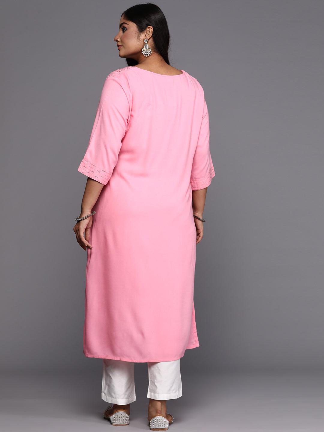 Pink Embroidered Rayon Straight Kurta - Libas